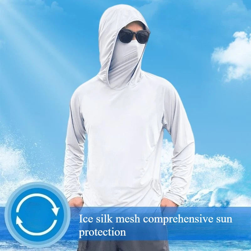 Summer Men's Hooded Sunscreen Clothing Long Sleeves Ultra-thin Ice Silk Coolchill Fabric Outdoor Cycling Fishing Mesh Pullover WardBoyzPROShop