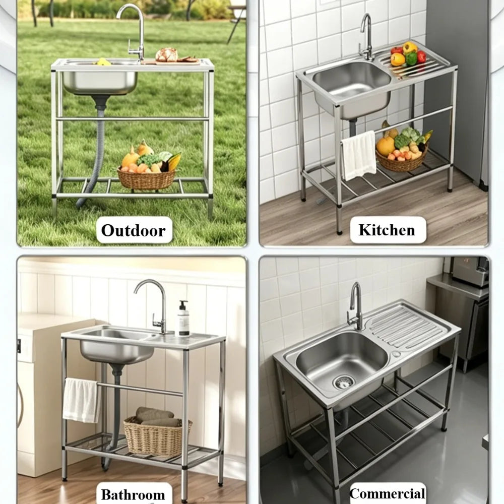 Utility Sink Set Freestanding Single Bowl Laundry Sink Commercial Restaurant Kitchen Outdoor Sink with Workbench Faucet Storage