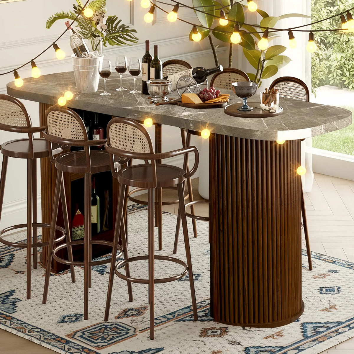 Fluted Counter Height Bar Table, 64in Home Bar Unit, High Top Table 2-6 Person Counter with Storage Marble Finish Tall