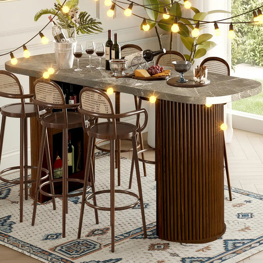 Fluted Counter Height Bar Table, 64in Home Bar Unit, High Top Table 2-6 Person Counter with Storage Marble Finish Tall