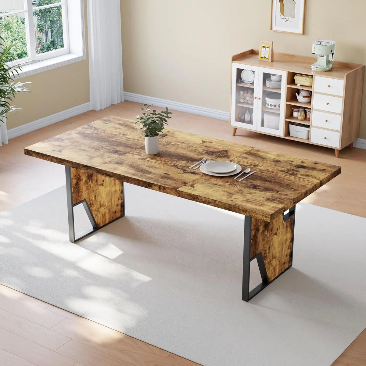 70.8" Wooden Dining Table with 2 Benches, Modern Set for 4-6 Person, Thickened  Table with Bench for Dining Room, Kitchen