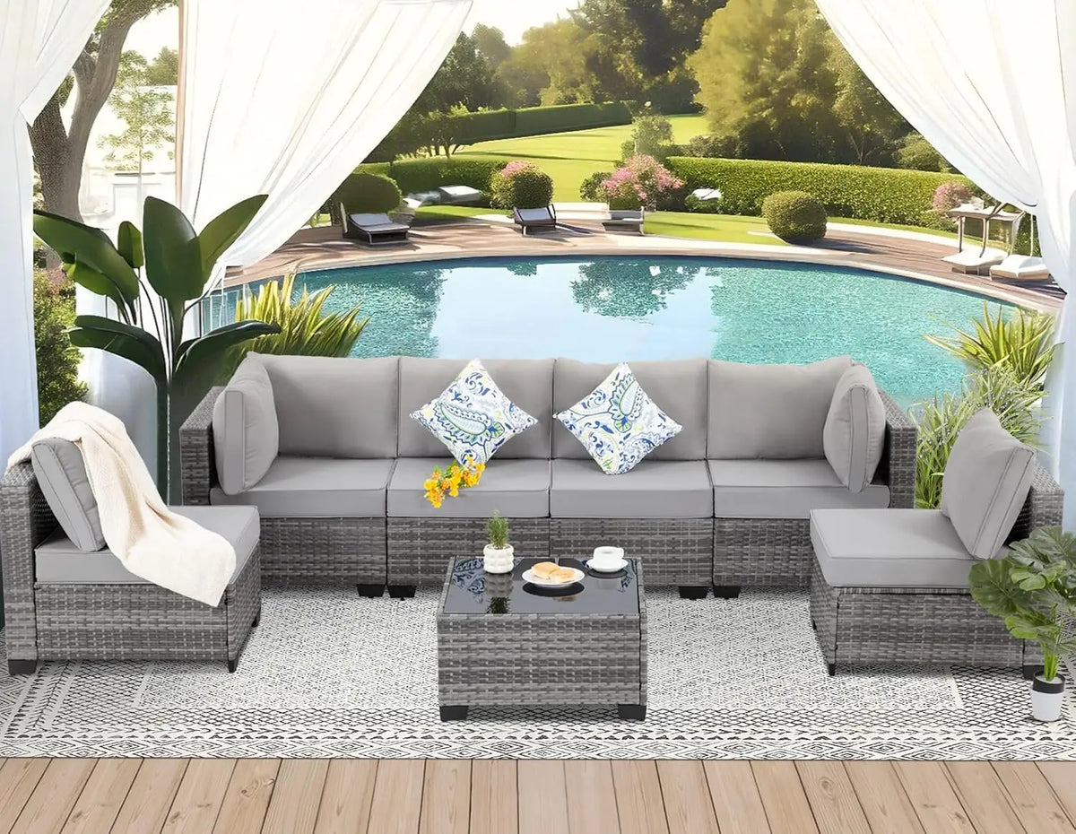 7-Piece Outdoor Wicker Sectional Sofa Set, Patio Garden Furniture, PE Rattan, Customized