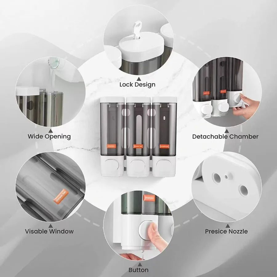 Wall Mounted 3 in 1 Soap Shower Gel Shampoo Conditioner Dispenser Set No Drill Required ABS Material for Bathroom Hotel Home