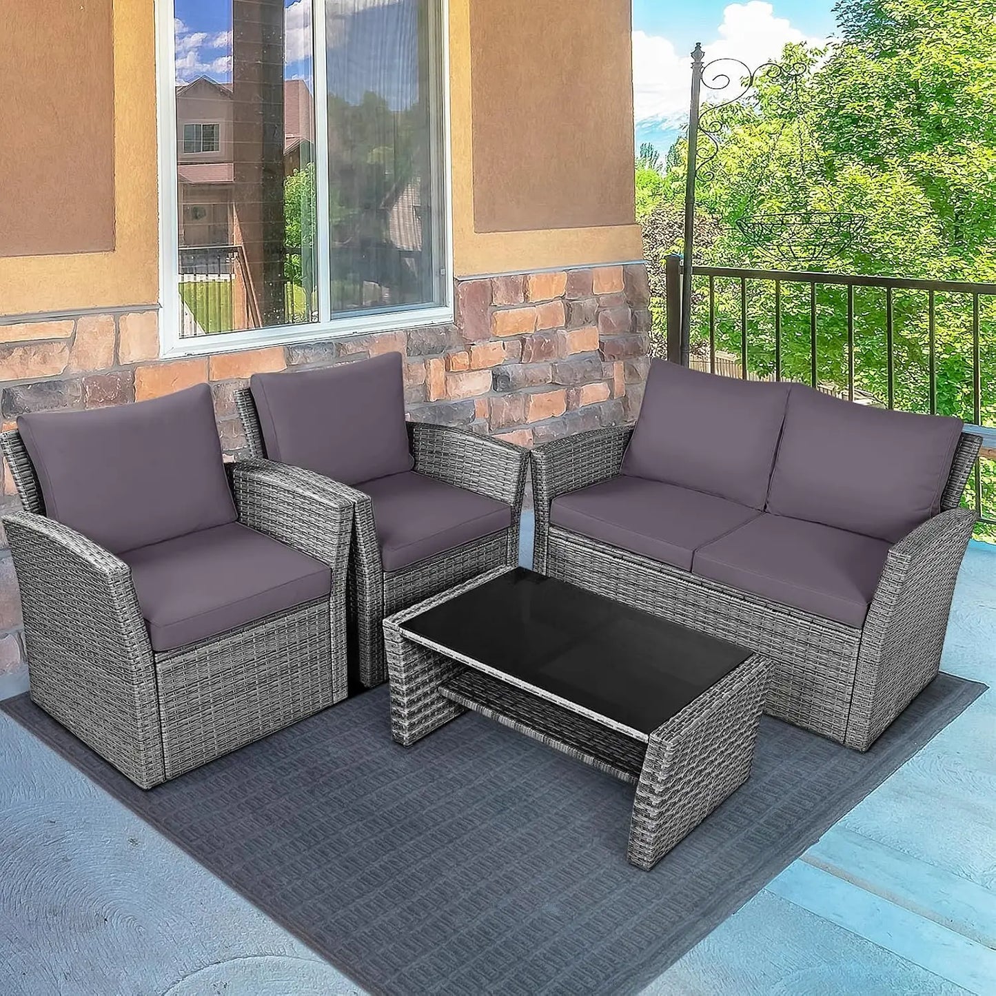 4PCS Patio Rattan Furniture Set Outdoor Sofa with Cushions & Coffee Table for Garden Porch Balcony, Customized
