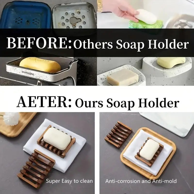 2pcs Sleek Self Draining Wooden Soap Dish for Bathroom Sink Storage