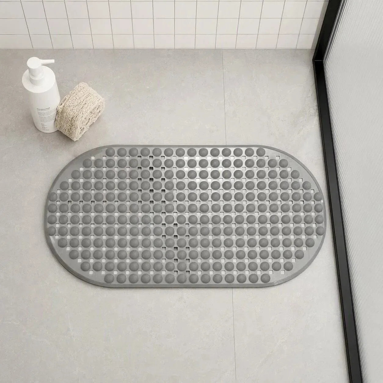 35x66cm Oval Bath Mat Non-Slip Diagonal Texture Shower Rug with Suction Cups Water Resistant Easy Clean Anti-Slip Bathroom Mat