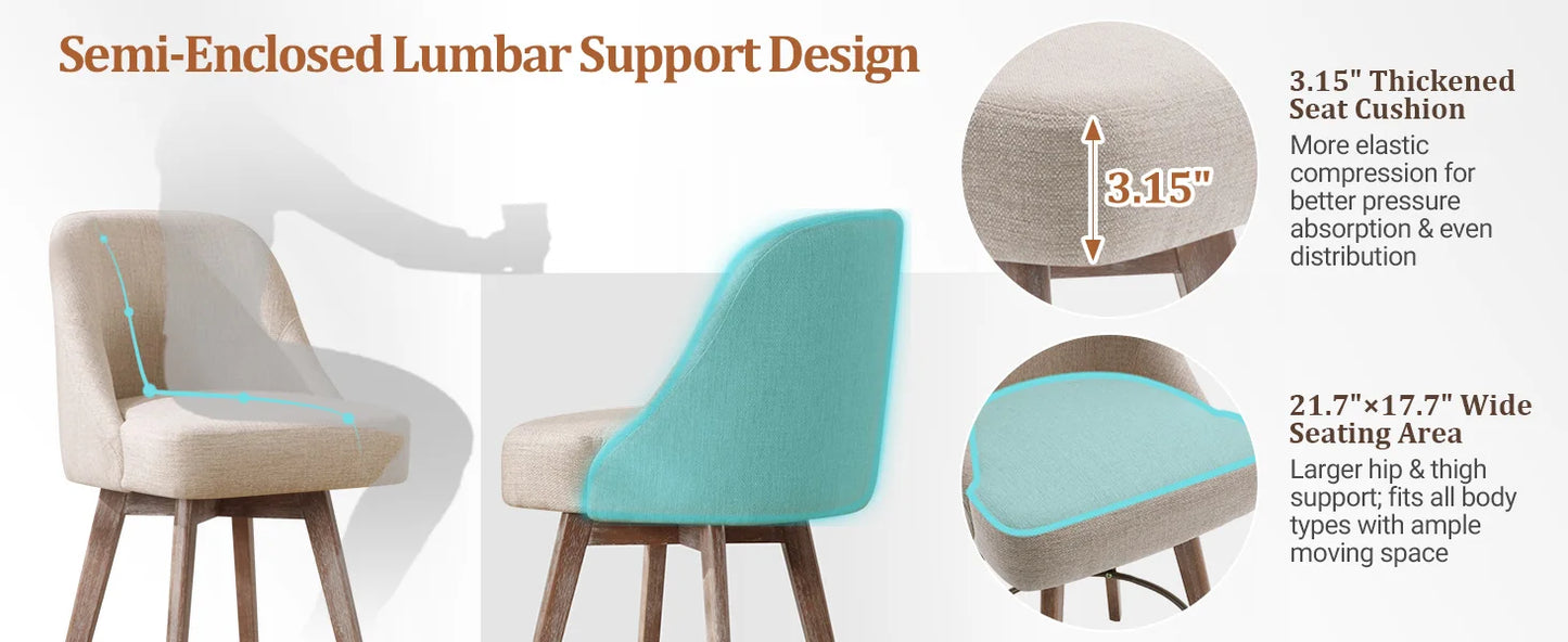 Bekrvio Counter Height Bar Stools Set of 3, Modern Mid-Century Swivel Barstools with Backs and Wood Legs, Linen Fabric