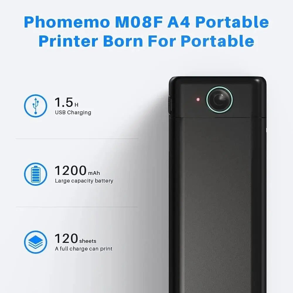 Mini Phomemo M08F Portable Printer Bluetuth Thermal Printer Compatible with Android, iOS & Laptop Portable Wireless A4 Printers WardBoyzPROShop