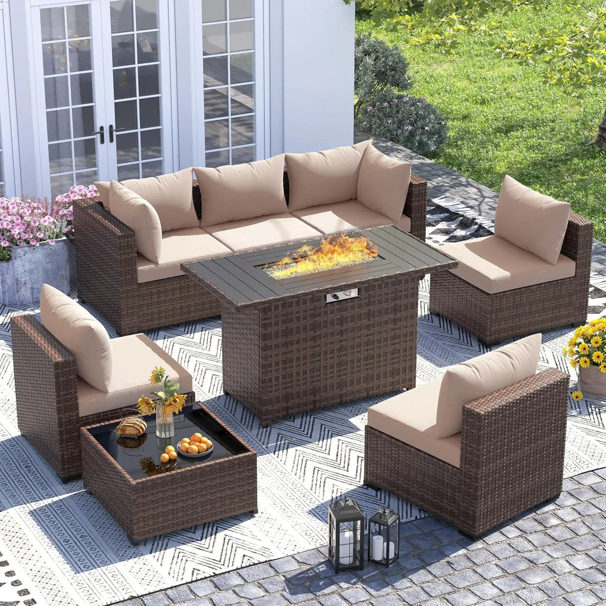 UDPATIO Outdoor Furniture 8-Piece Wicker Patio Set with 44" Fire Pit Table | All-weather Modular Sectional Sofa w/ Coffee Table
