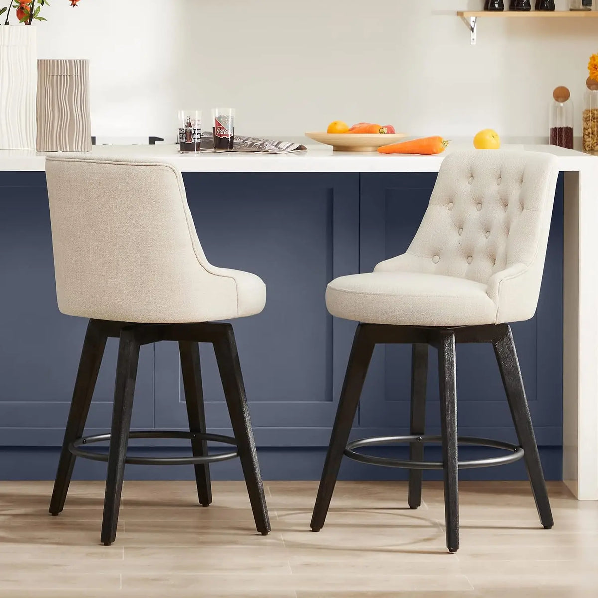 Swivel Counter Height Bar Stools Set of 2, Faux Leather Upholstered Backrest, Solid Wood Legs 26" Seat, Grey, Customized