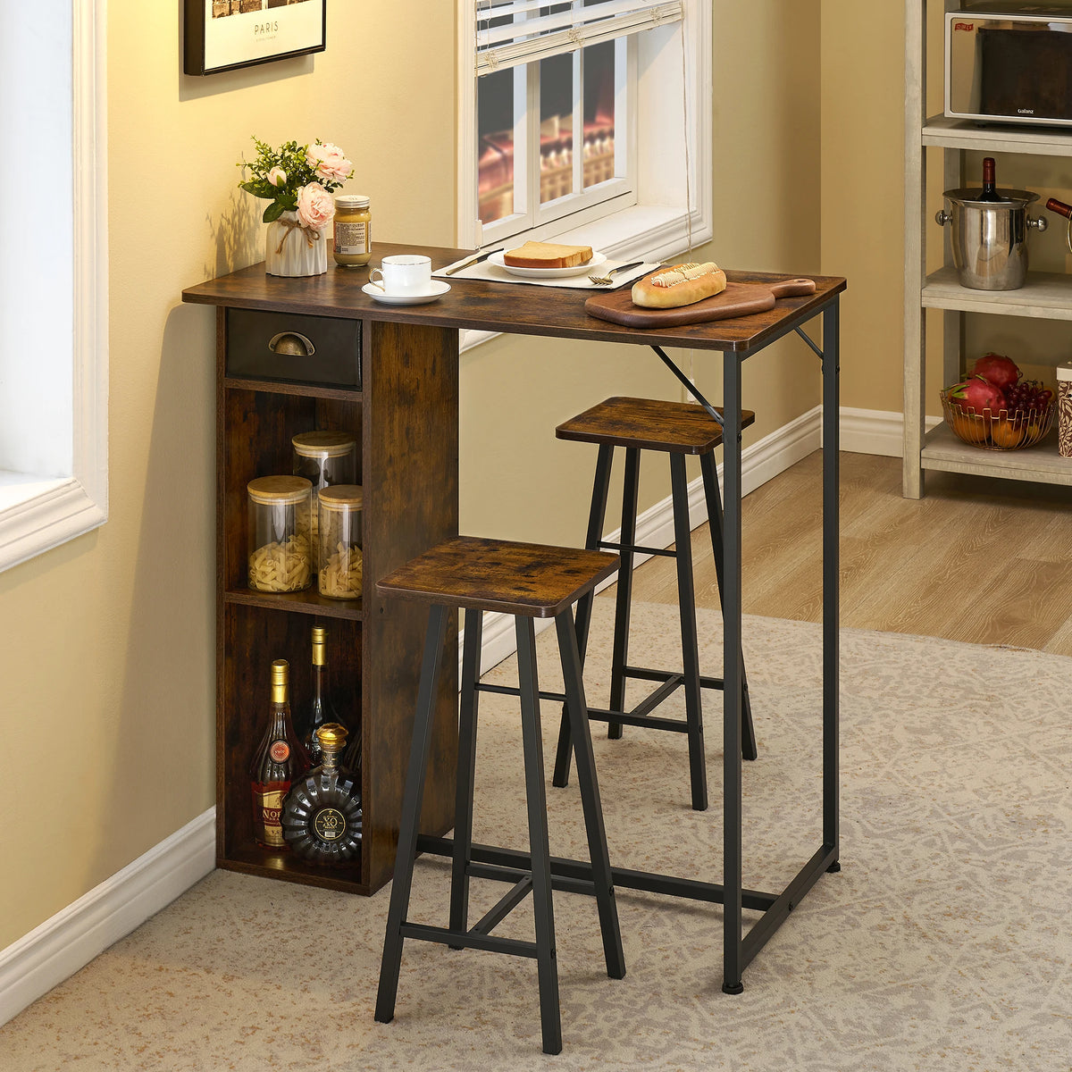 Versatile 3 Piece Dining Table Set with Storage Drawer & 3-Tier Shelf,Counter Height Table and 2 Barstools,Space-Saving