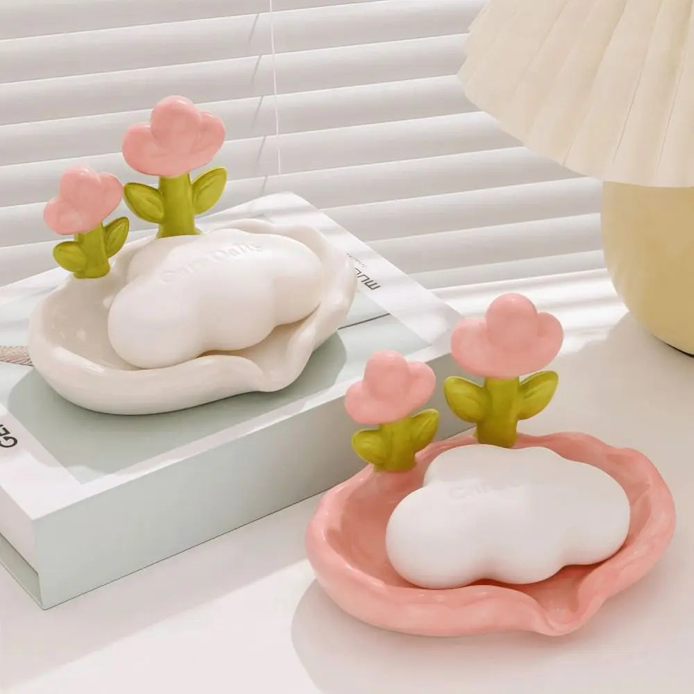 Tulip Design Drain Soap Dish No Drilling Required with Drainage Trough Soap Tray Solid Color Anti-slip Soap Storage Rack
