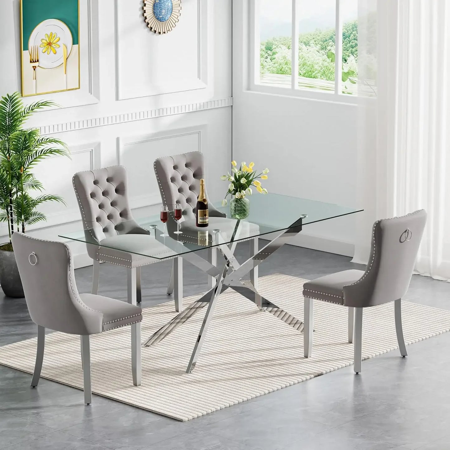 52'' 5 Piece Rectangular Glass Dining Table Set for 4 | Tempered Glass Dinner Table Set for 4 Kitchen Table Set with 4 Velvet Up