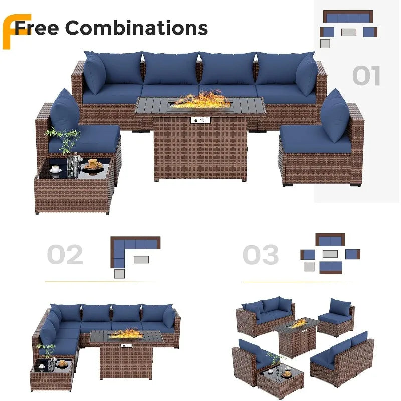 UDPATIO Outdoor Furniture 8-Piece Wicker Patio Set with 44" Fire Pit Table | All-weather Modular Sectional Sofa w/ Coffee Table