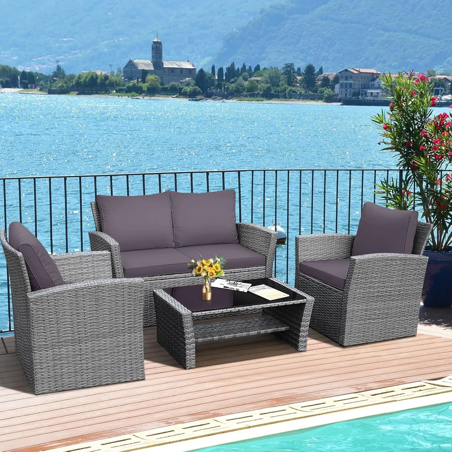 4PCS Patio Rattan Furniture Set Outdoor Sofa with Cushions & Coffee Table for Garden Porch Balcony, Customized