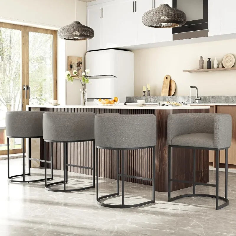 26" H Counter Height Bar Stools Modern Barrel Counter Stools with Backrest and Arms, Linen Fabric Upholstered Accent Barstools