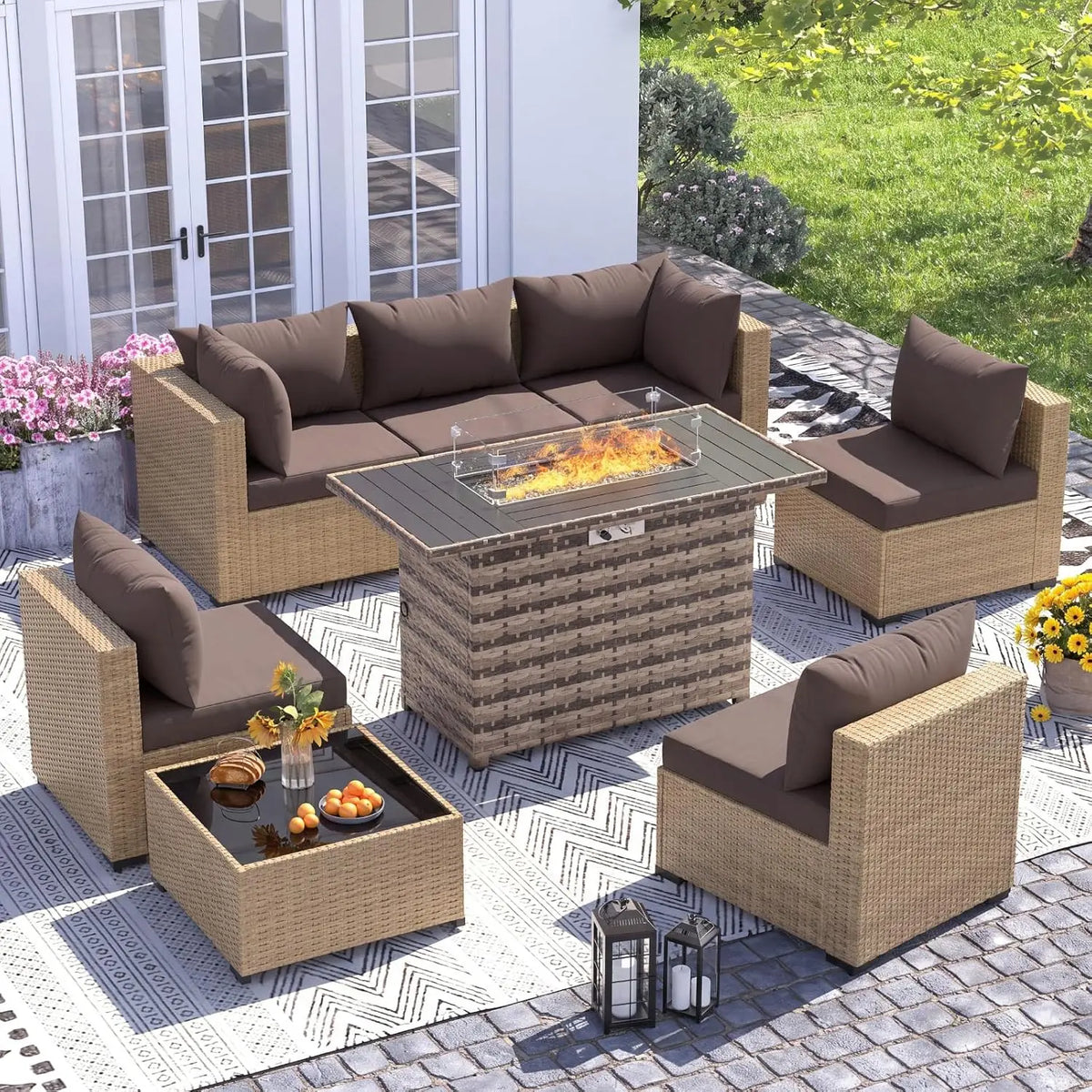 UDPATIO Outdoor Furniture 8-Piece Wicker Patio Set with 44" Fire Pit Table | All-weather Modular Sectional Sofa w/ Coffee Table