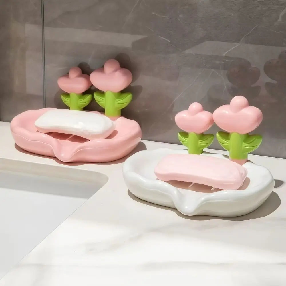 Tulip Design Drain Soap Dish No Drilling Required with Drainage Trough Soap Tray Solid Color Anti-slip Soap Storage Rack