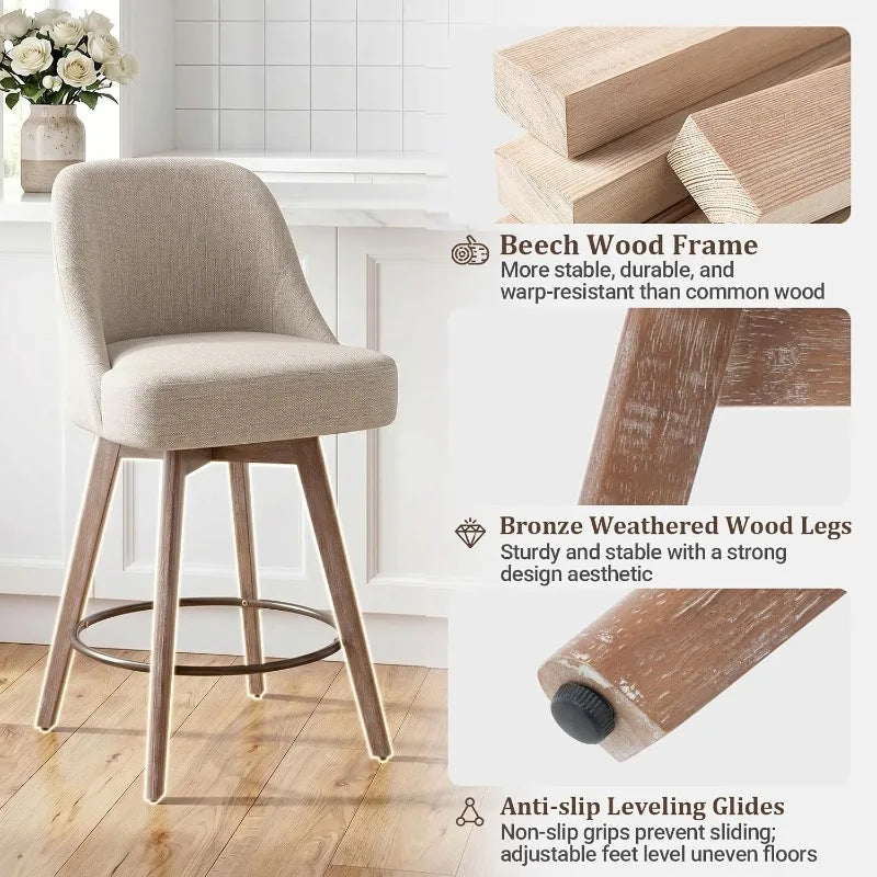 Bekrvio Counter Height Bar Stools Set of 3, Modern Mid-Century Swivel Barstools with Backs and Wood Legs, Linen Fabric