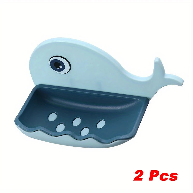 2 Pcs No-Drill Adhesive Soap Dish, Creative Whale-Shaped Soap Holder with Drainage for Bathroom & Showera