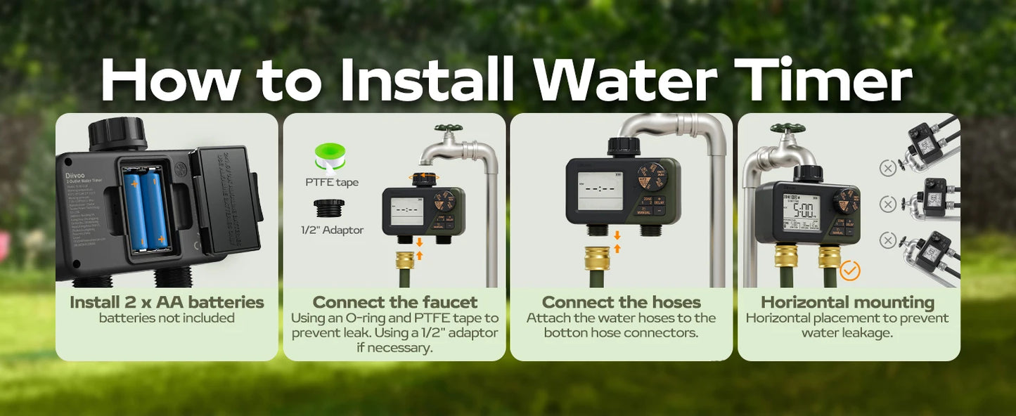 Diivoo Garden Water Timer 3 Zone Programmable Automatic Irrigation Timer with Rain Delay Manual/Auto Mode Watering for Lawn Yard