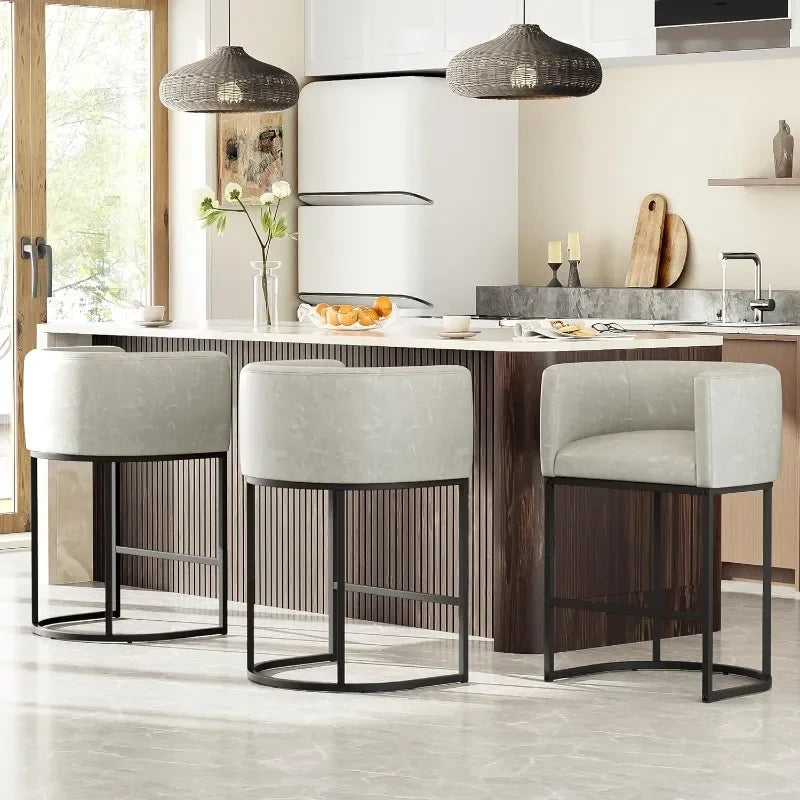 26" H Counter Height Bar Stools Modern Barrel Counter Stools with Backrest and Arms, Linen Fabric Upholstered Accent Barstools