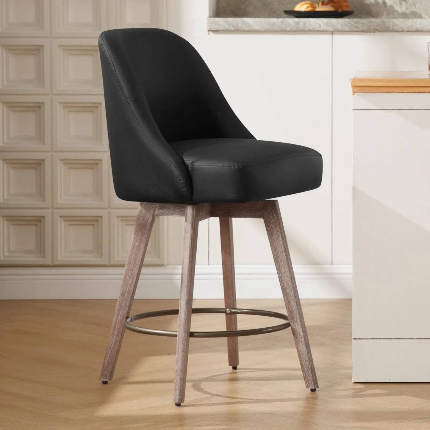 Bekrvio Counter Height Bar Stools Set of 3, Modern Mid-Century Swivel Barstools with Backs and Wood Legs, Linen Fabric