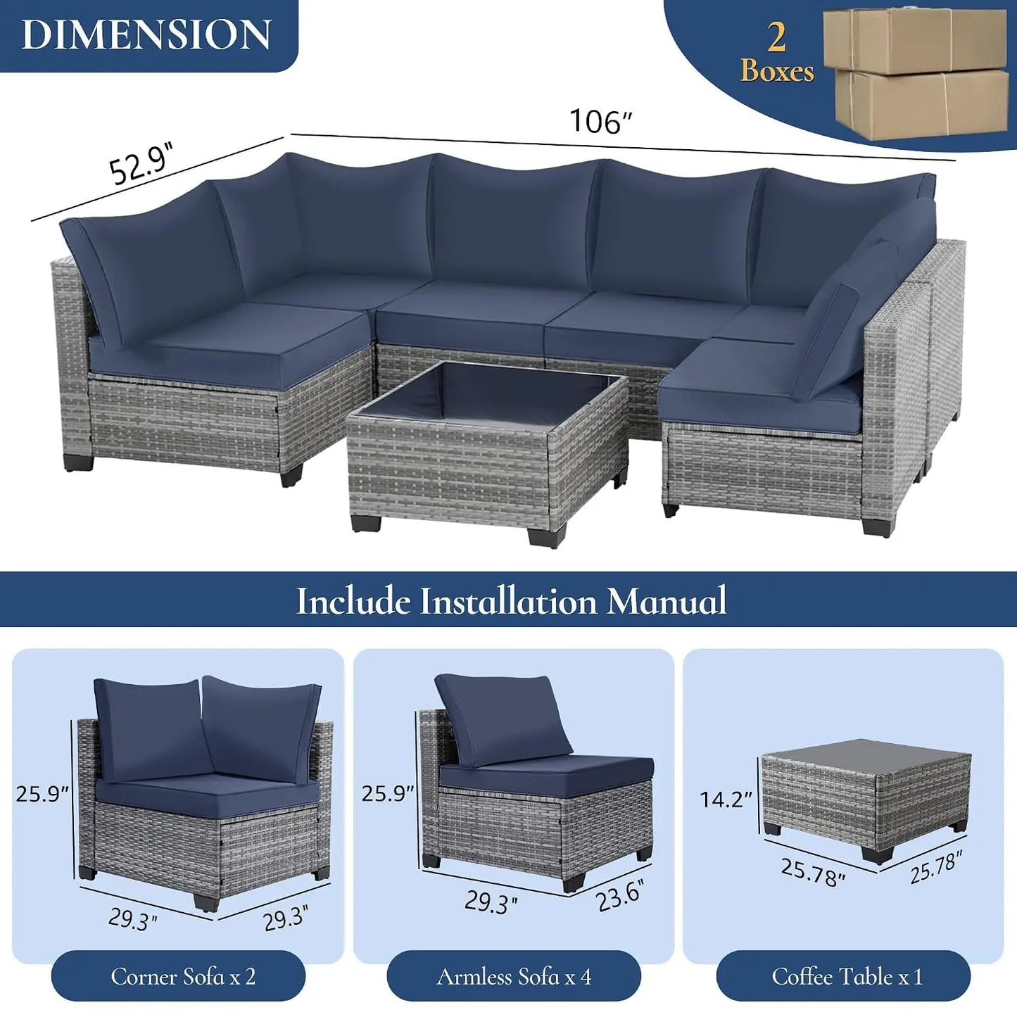 7-Piece Outdoor Wicker Sectional Sofa Set, Patio Garden Furniture, PE Rattan, Customized