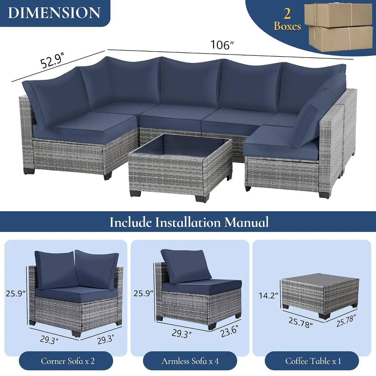 7-Piece Outdoor Wicker Sectional Sofa Set, Patio Garden Furniture, PE Rattan, Customized