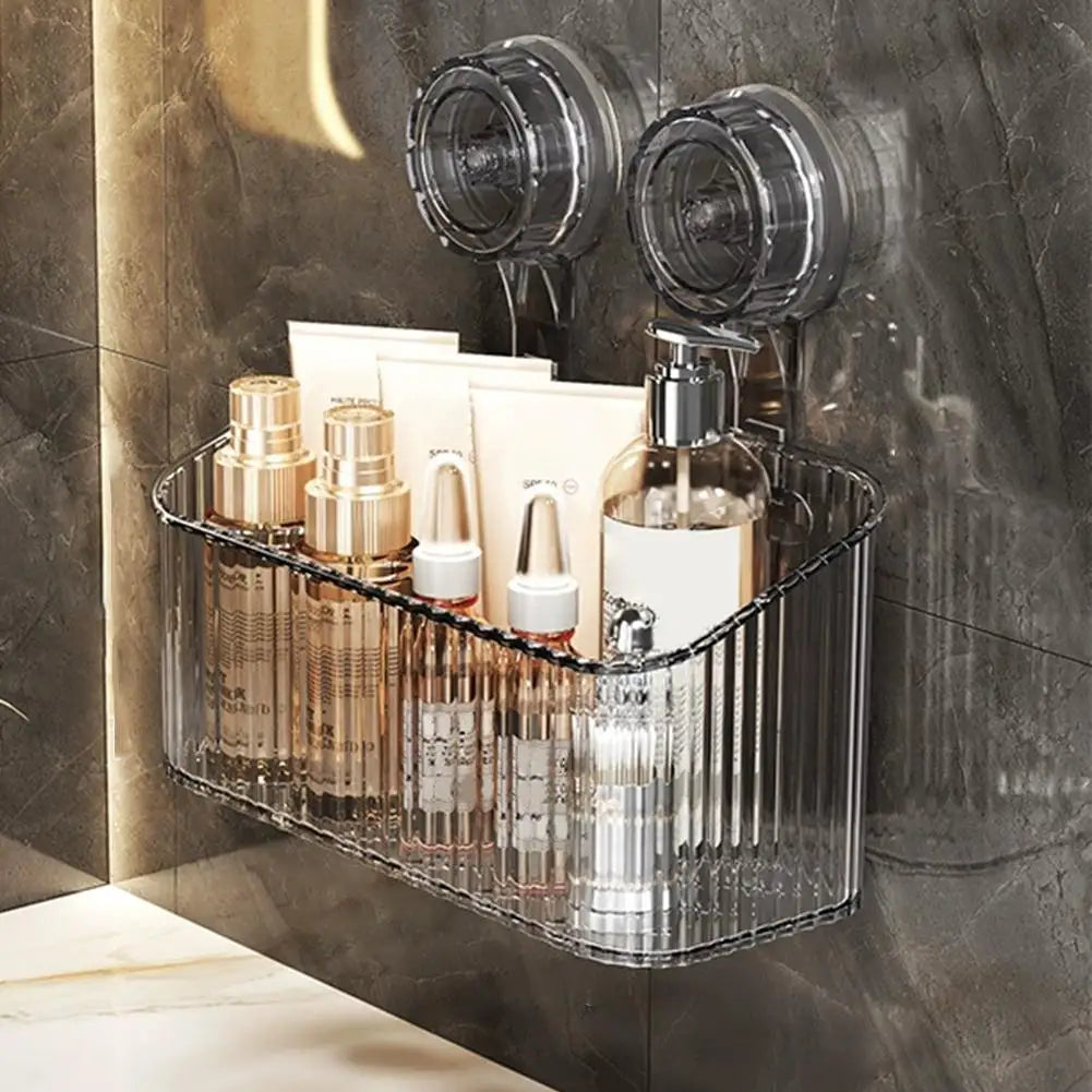 No Drill Suction Cup Shower Shelf - Transparent Bathroom Organizer Basket, Quick-Install Storage for Cosmetics & Toiletries