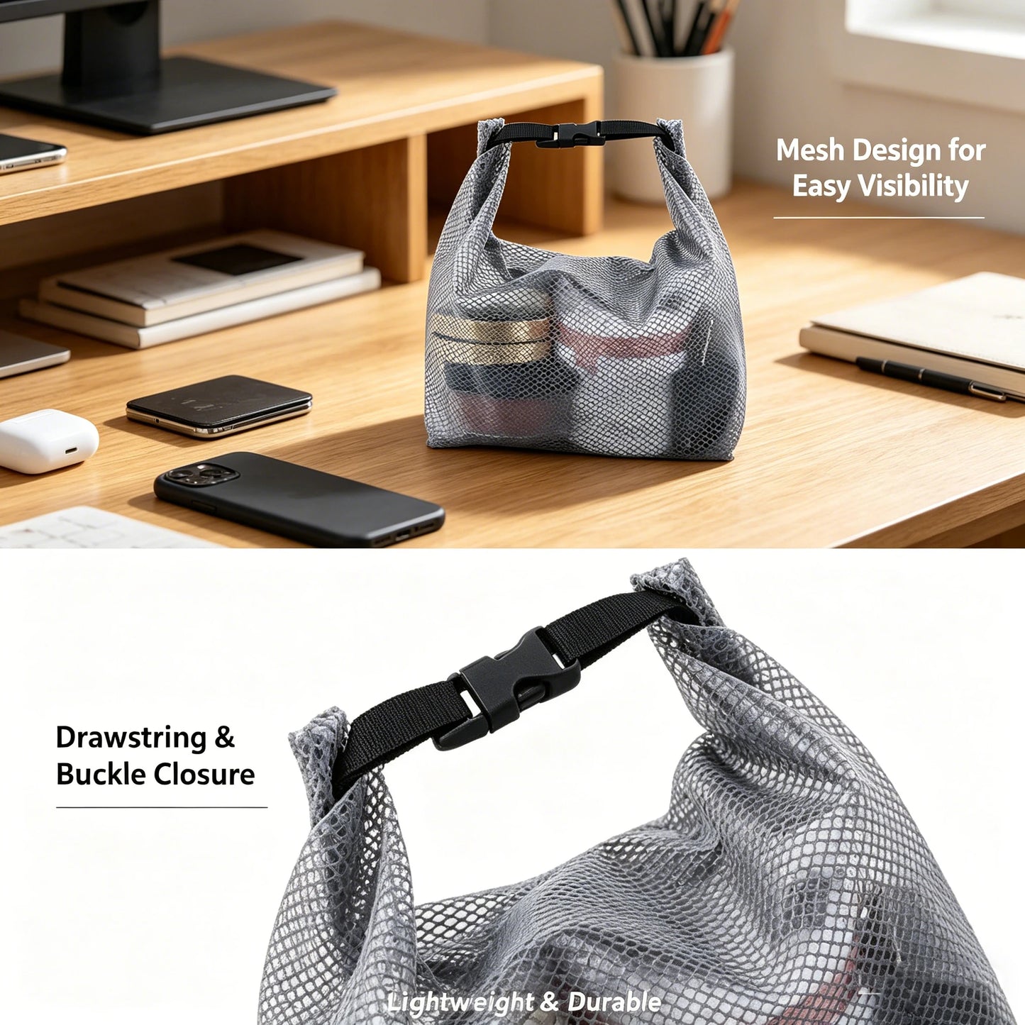 Waterproof Mesh Toiletry Bag, Drawstring Cosmetic Organizer with Quick-Release Buckle, Transparent Pouch for Travel, Gym, and Ba