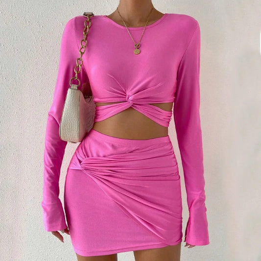 Spring and Summer New Women's Fashion Hollow Out Long Sleeve Crop Top & Elastic Waist Wrap Hip Skirt Set Female Sexy Skirts Sets