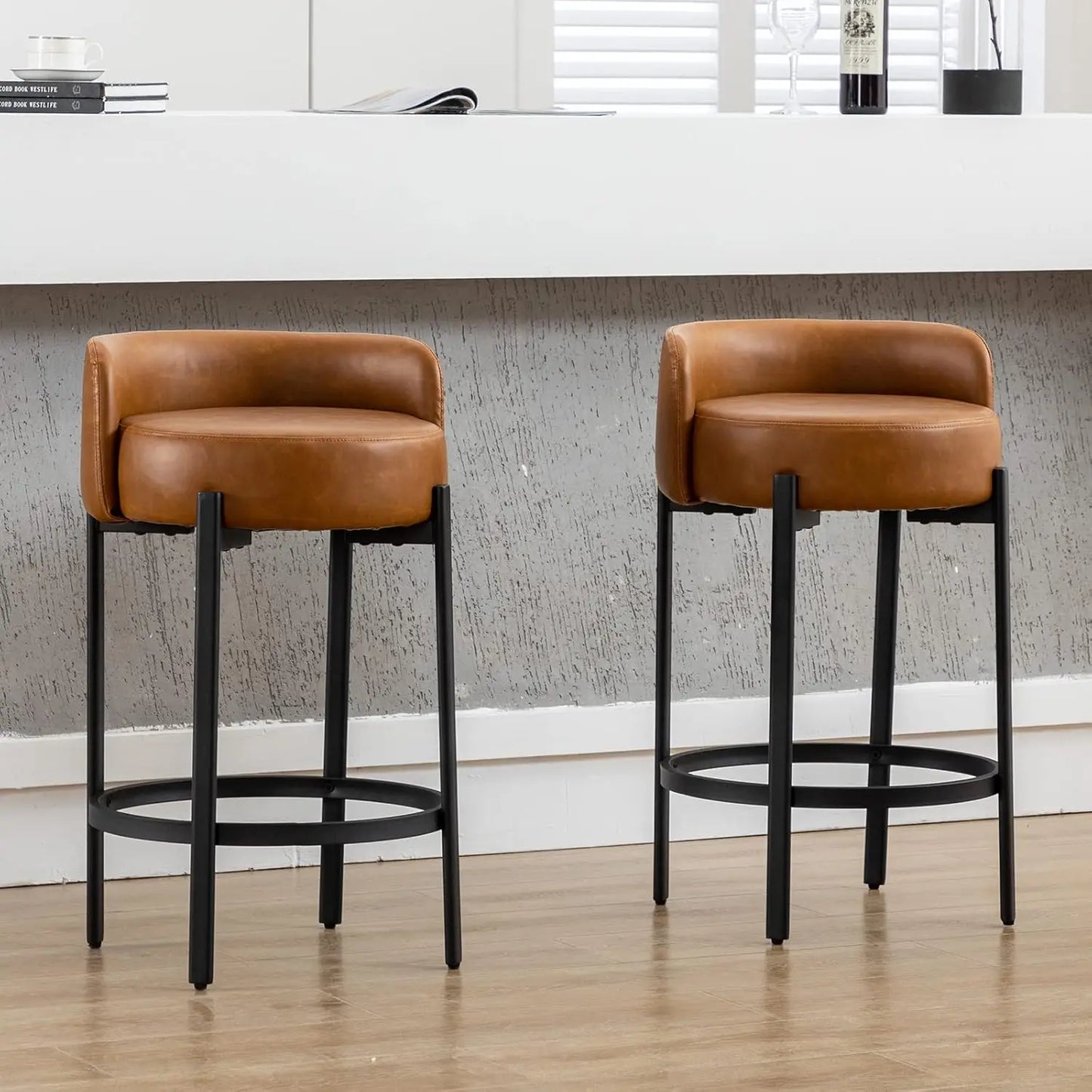 Counter Height Bar Stools 26" Round Barstools Set of 2, Modern Faux Leather Counter Stools with Black Metal Legs, Customized