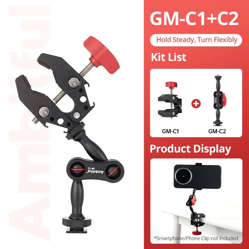 AMBITFUL 360° Double Ballhead Magic Arm With Super Clamp Kit 1/4" Screw Ball Head Adapter For Monitor LED Light Camera