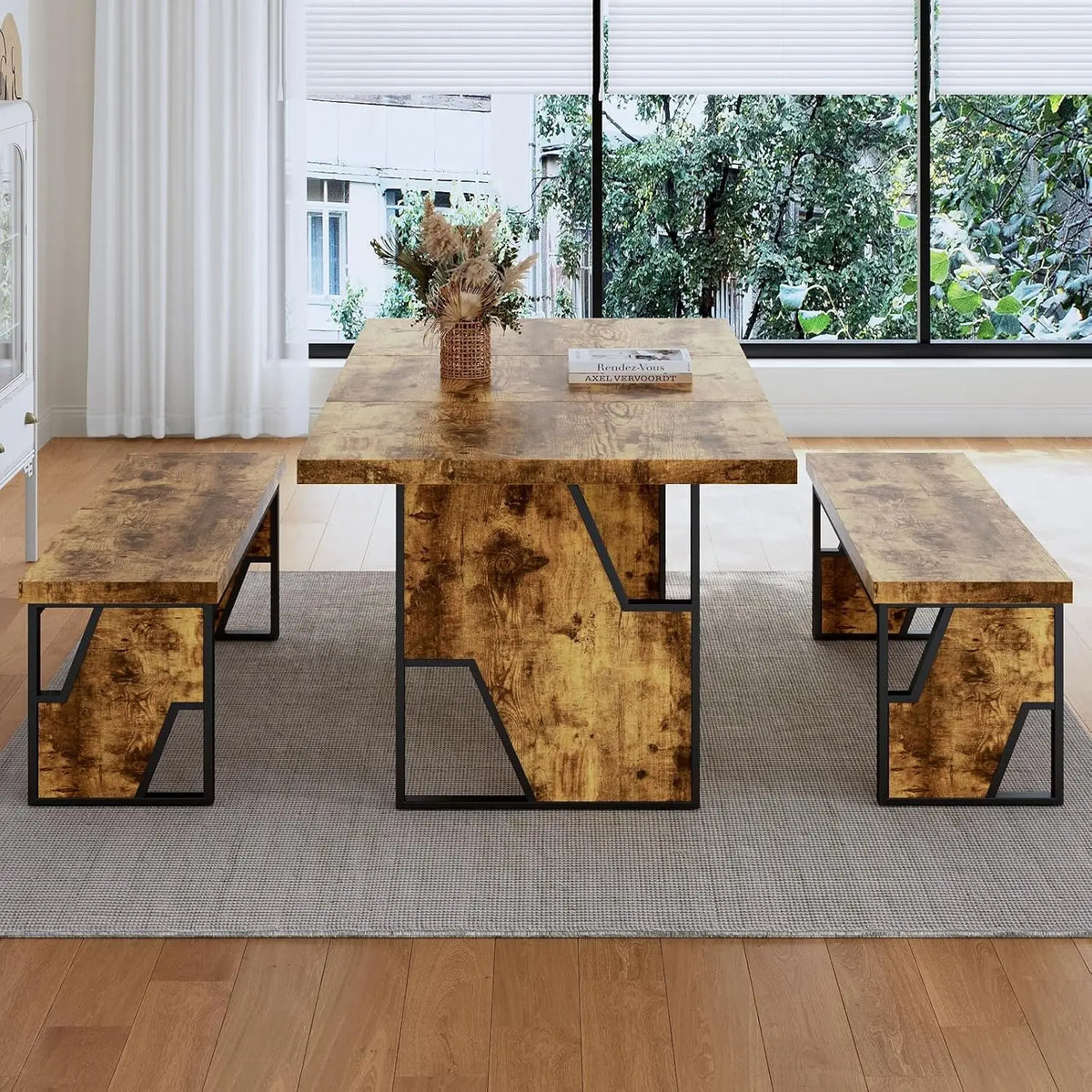 70.8" Wooden Dining Table with 2 Benches, Modern Set for 4-6 Person, Thickened  Table with Bench for Dining Room, Kitchen