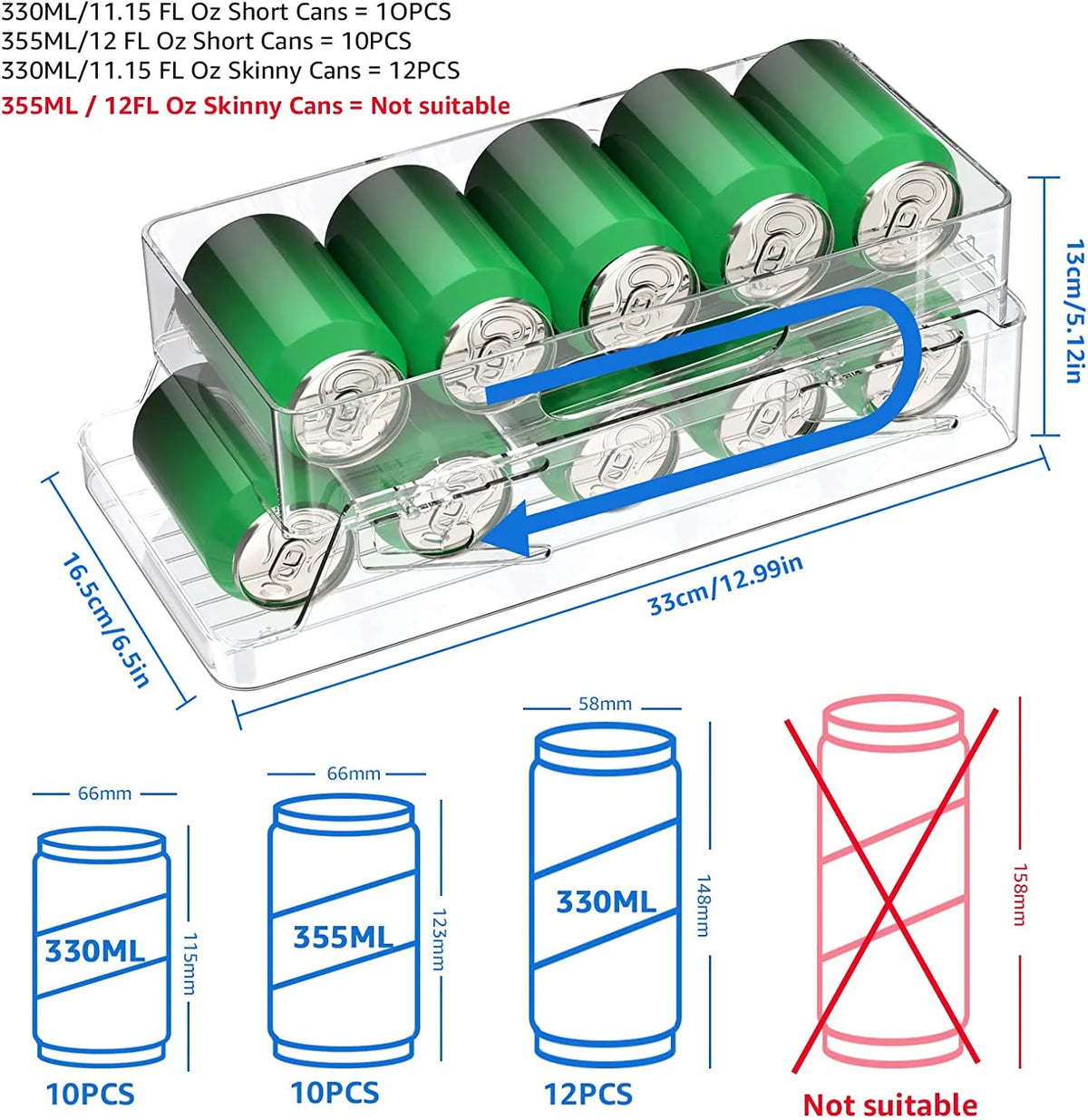 Refrigerator Can Drink Holder Storage Rolling Can Dispenser Pop Soda Can Organizer Bins Stackable 2 Tier Freezer Beverage Can Or
