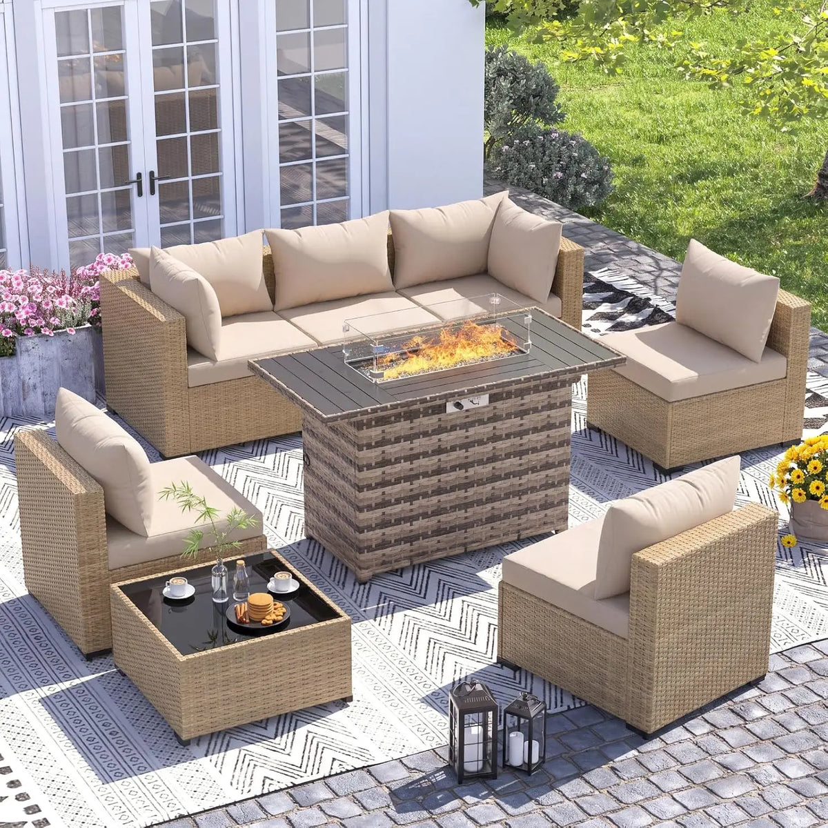 UDPATIO Outdoor Furniture 8-Piece Wicker Patio Set with 44" Fire Pit Table | All-weather Modular Sectional Sofa w/ Coffee Table