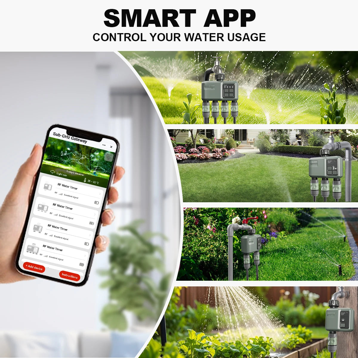 4 Outlet Programmable Water Timer for Garden Hose, with Rain Delay/Automatic Watering System, Digital Irrigation for Yard, Lawn