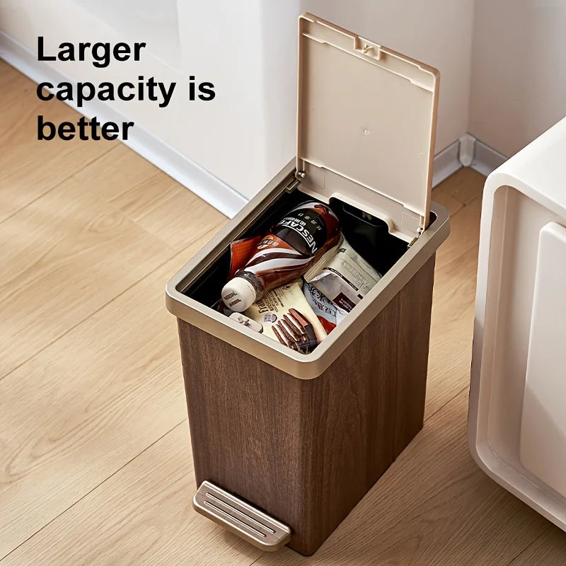 Large Capacity Trash Can，Elegant Wood Grain Design。Durable Plastic，Mute off，Save Space。Suitable for Kitchen、Bathroom、Office、Bedr