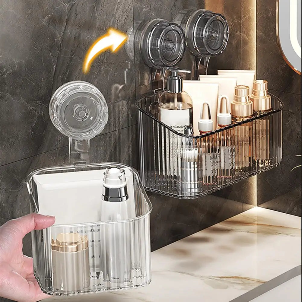 No Drill Suction Cup Shower Shelf - Transparent Bathroom Organizer Basket, Quick-Install Storage for Cosmetics & Toiletries