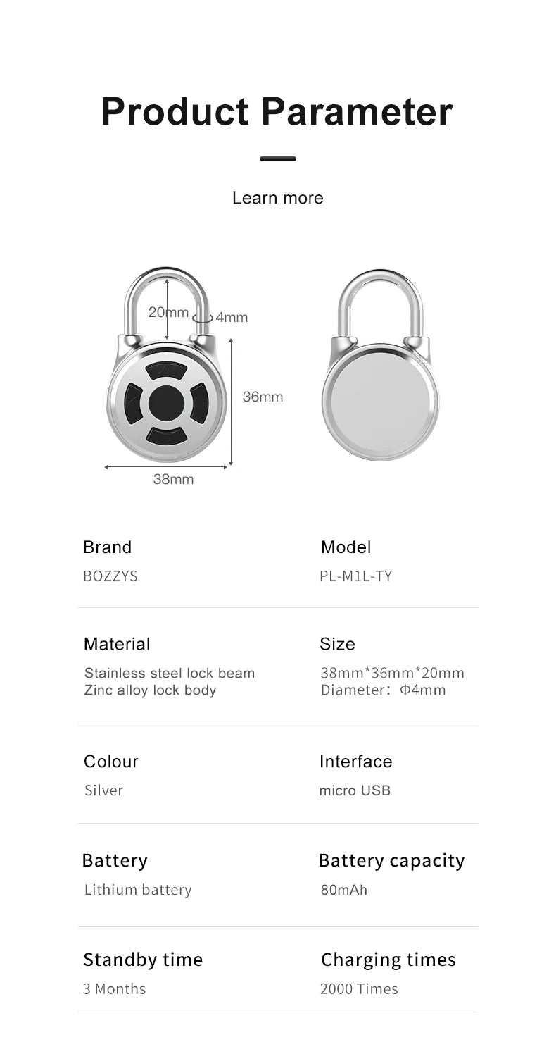 Smart Lock Bluetooth APP Control IP55 Waterproof Rechargeable for Luggage Gym Office Zinc Alloy Anti Theft Padlock