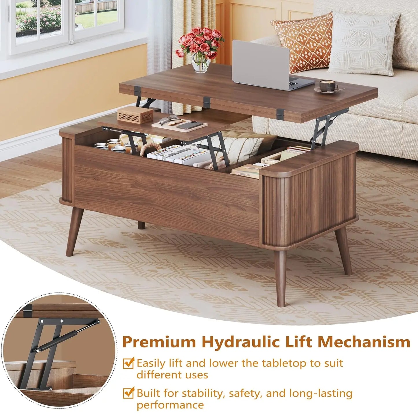 Lift Top Coffee Table, 40" Square with 3 Hidden Compartments, Table Converts to Dining Table for  Home , , Customized