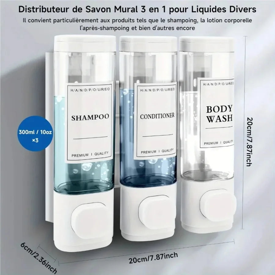Wall Mounted 3 in 1 Soap Shower Gel Shampoo Conditioner Dispenser Set No Drill Required ABS Material for Bathroom Hotel Home