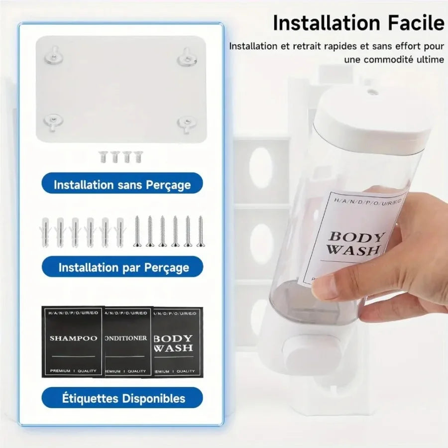 Wall Mounted 3 in 1 Soap Shower Gel Shampoo Conditioner Dispenser Set No Drill Required ABS Material for Bathroom Hotel Home