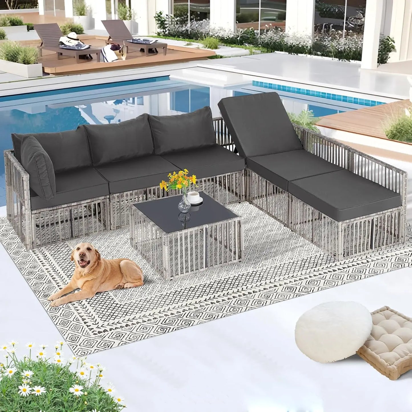 7-Piece Outdoor Wicker Sectional Sofa Set, Patio Garden Furniture, PE Rattan, Customized