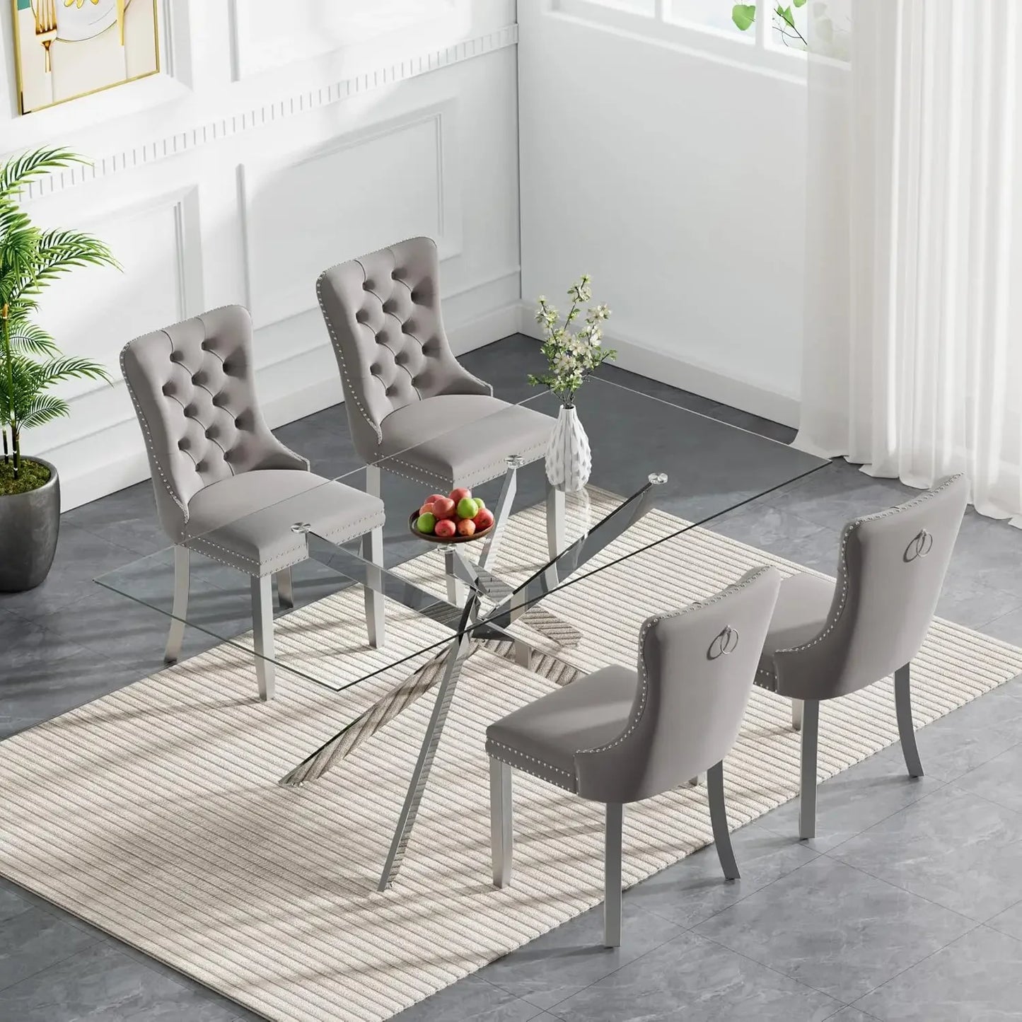 52'' 5 Piece Rectangular Glass Dining Table Set for 4 | Tempered Glass Dinner Table Set for 4 Kitchen Table Set with 4 Velvet Up