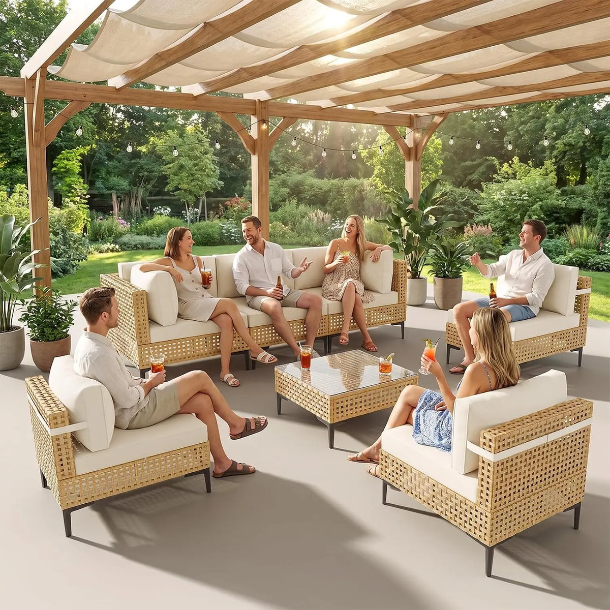 7-Piece Patio Furniture Set With Non-Slip Cushions & Coffee Table For Outdoor Garden, Customized