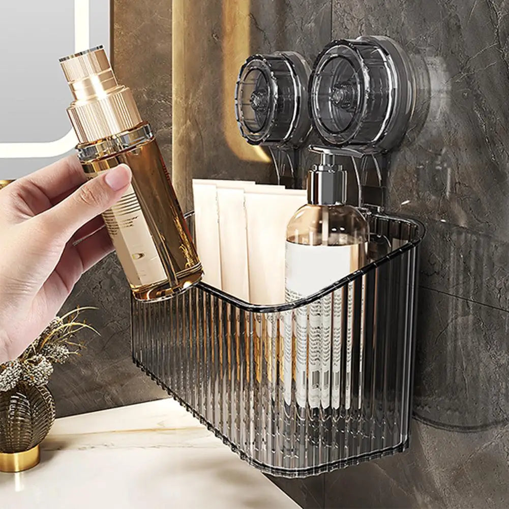 No Drill Suction Cup Shower Shelf - Transparent Bathroom Organizer Basket, Quick-Install Storage for Cosmetics & Toiletries