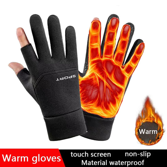 Winter Men's Gloves Are Velvet-Lined, Warm, Non-Slip, and Have Two Fingers Exposed for Driving and Riding Motorcycles, Windproof and Waterproof Gloves