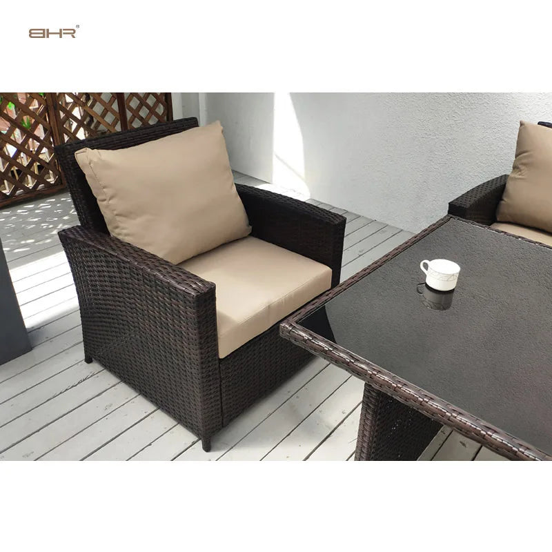 BHR High Back Comfortable Garden Sofa All Weather Garden Furniture Outdoor Rattan Dining Furniture Set Rattan Sofa for Backyard